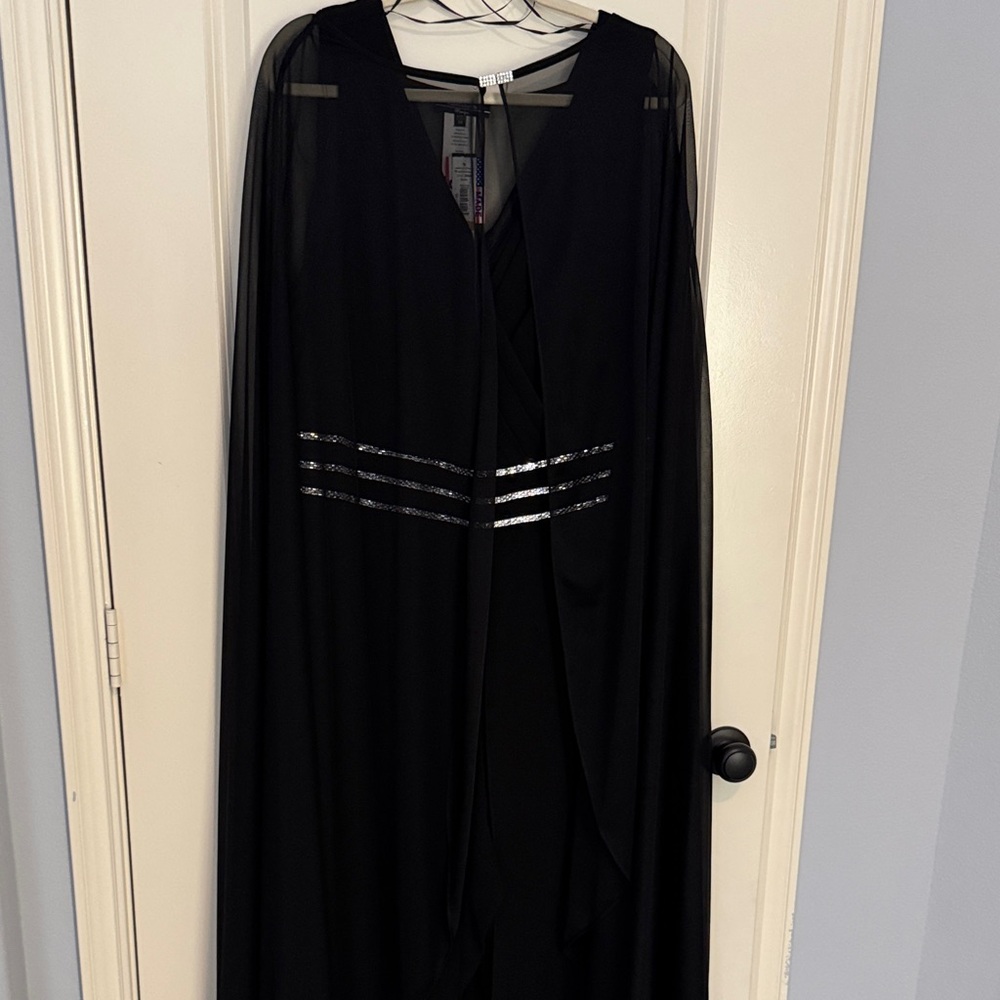 Elegant Black Jumpsuit with Silver  & matching Sheer Cape